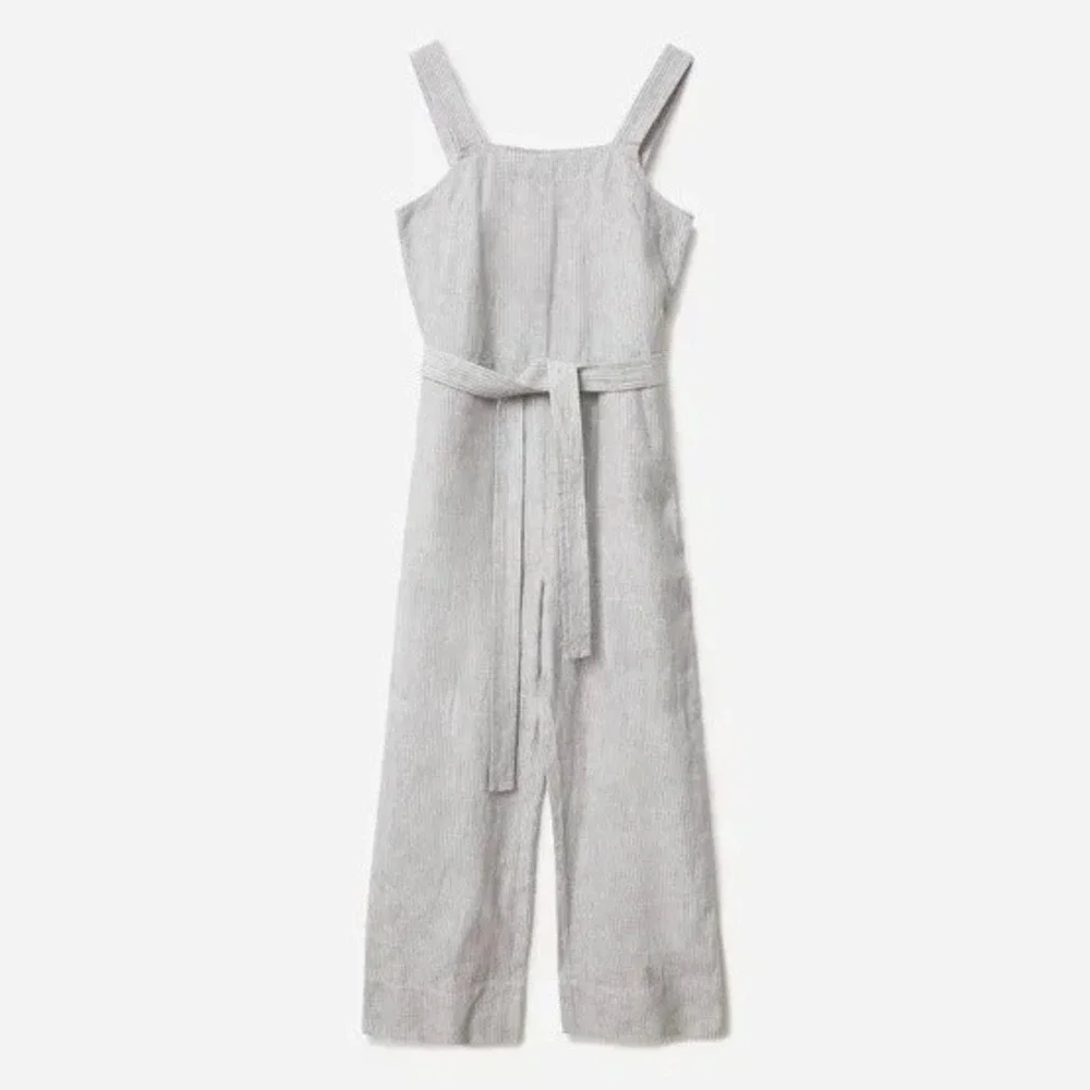 Everlane Jumpsuit Women 2 Gray Striped Linen Sleeveless Belted Wide Leg